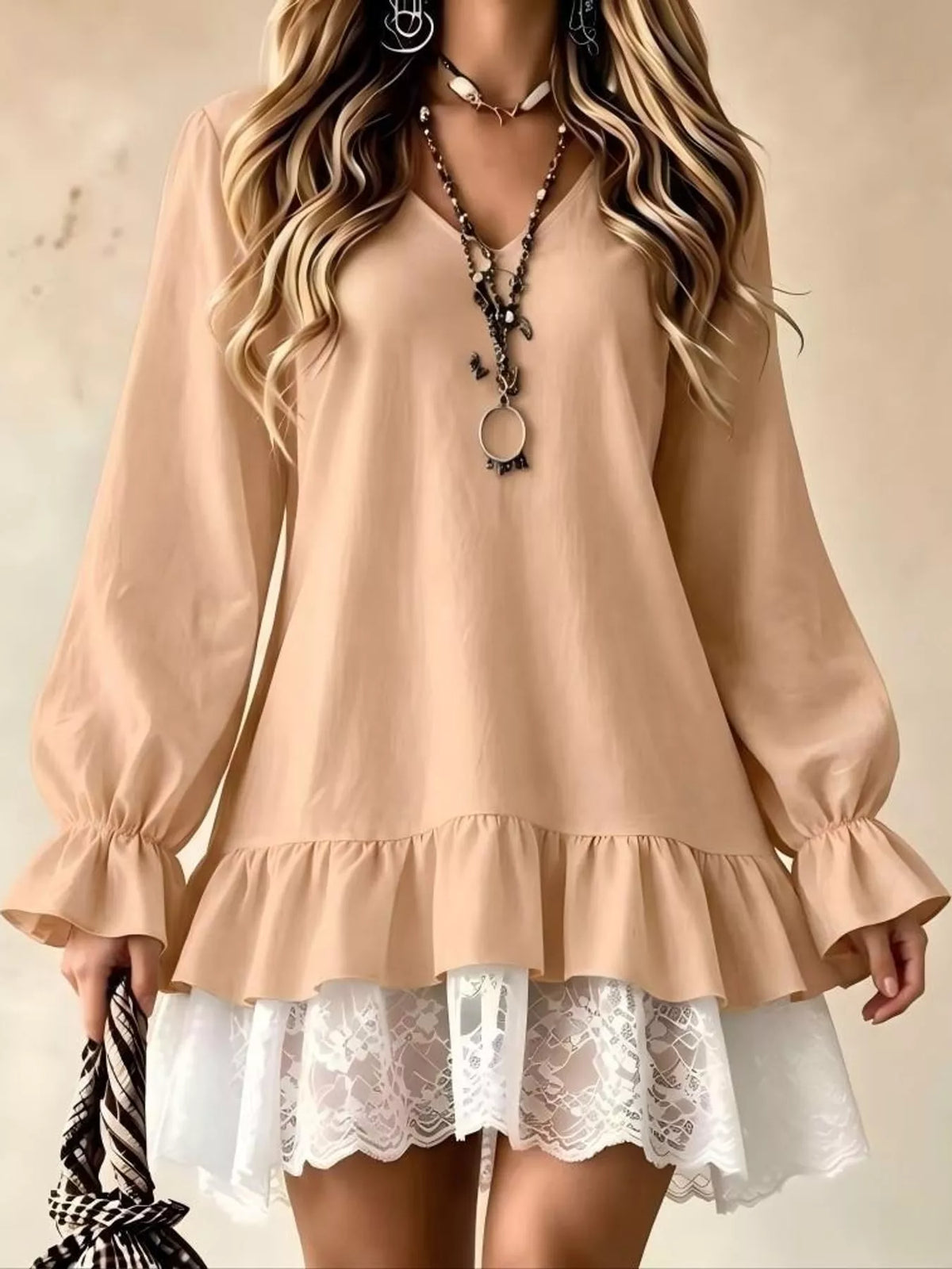 Lace Hem Flounce Sleeve Dress