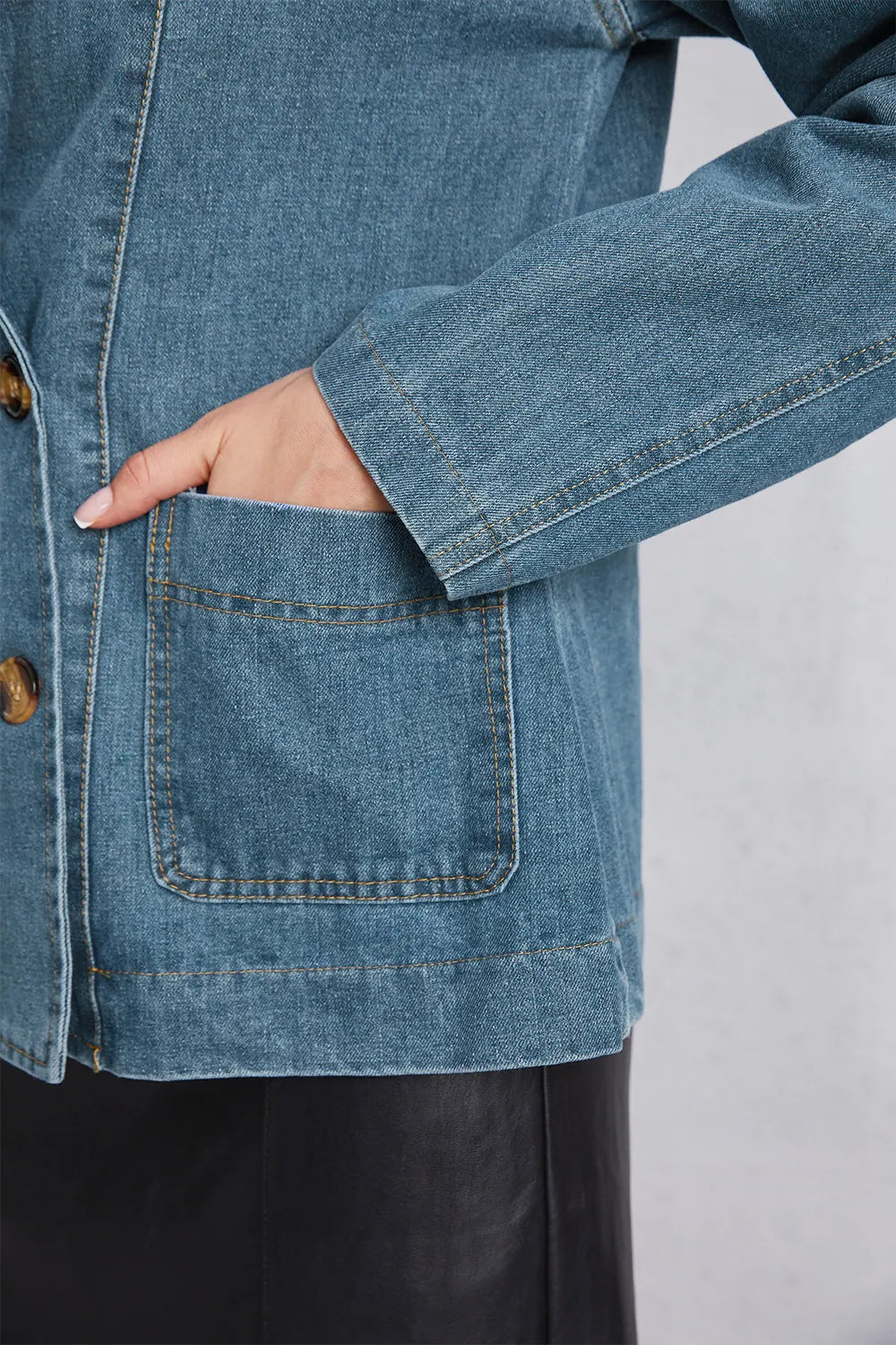 Long Sleeve Pocketed Denim Jacket in Medium Wash by Y.Y@Denim