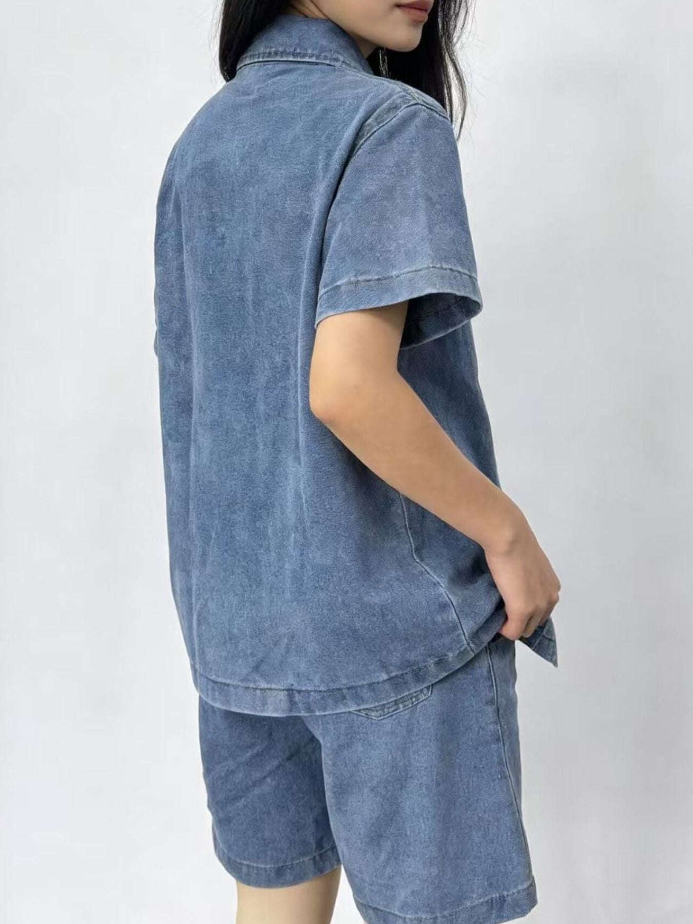 Button Up Short Sleeve Top and Shorts Denim Set by Dreamy Drapes