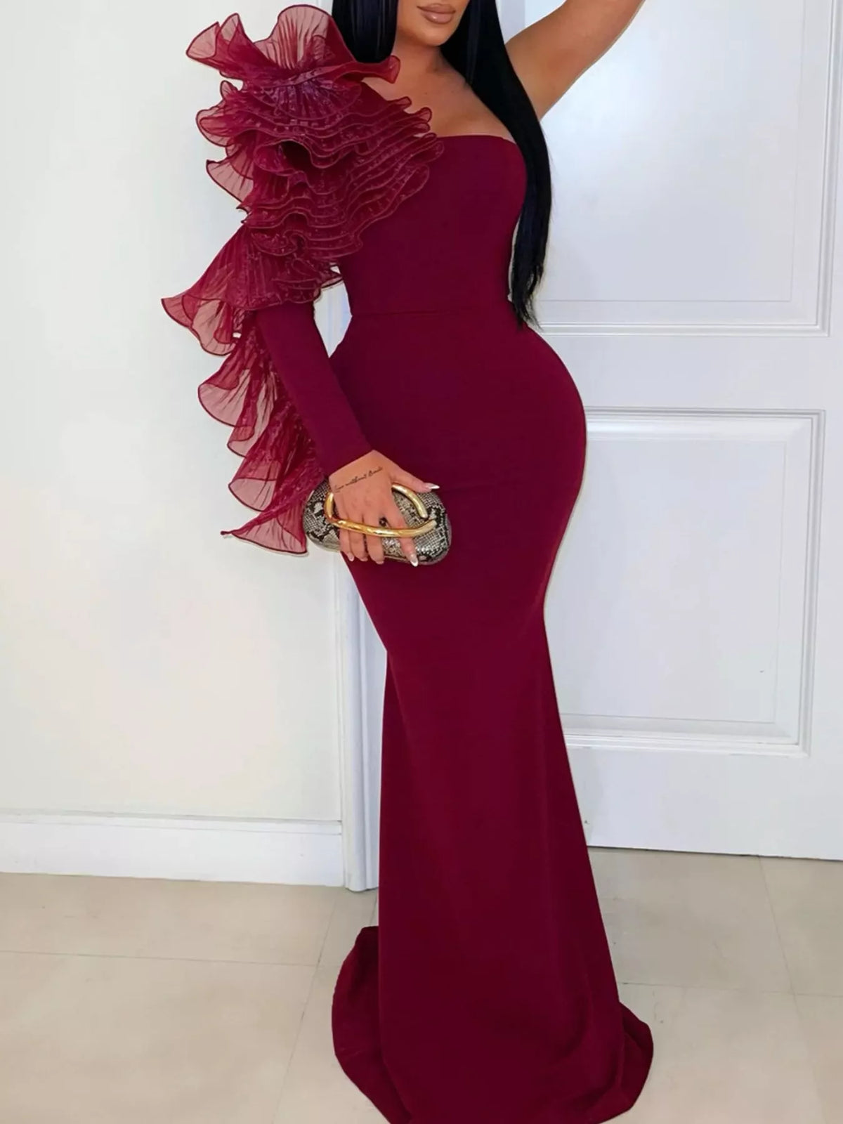 One-Shoulder Ruffled Mermaid Maxi Dress