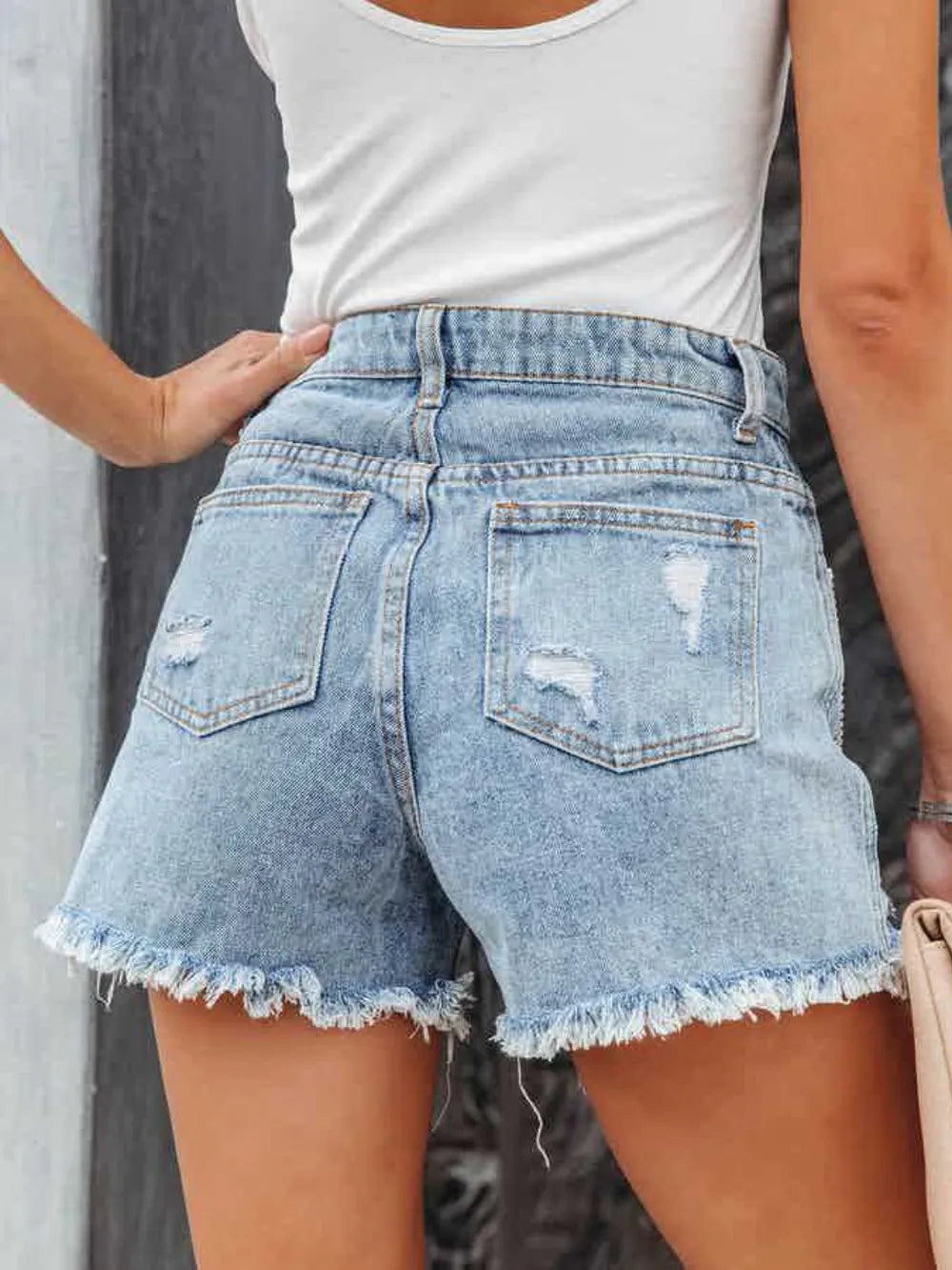 Distressed Fringe-Hem Denim Shorts by Y.Y@Denim