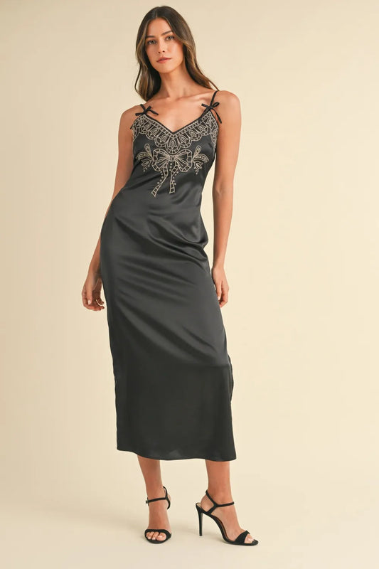 Embroidered Satin Midi Slit Dress in Black