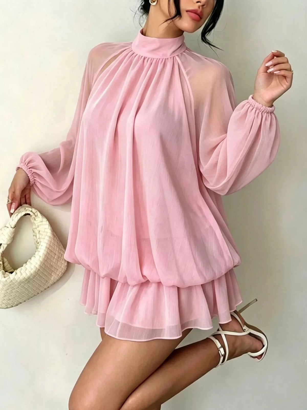 Mock Neck Sheer Chiffon Mini Dress