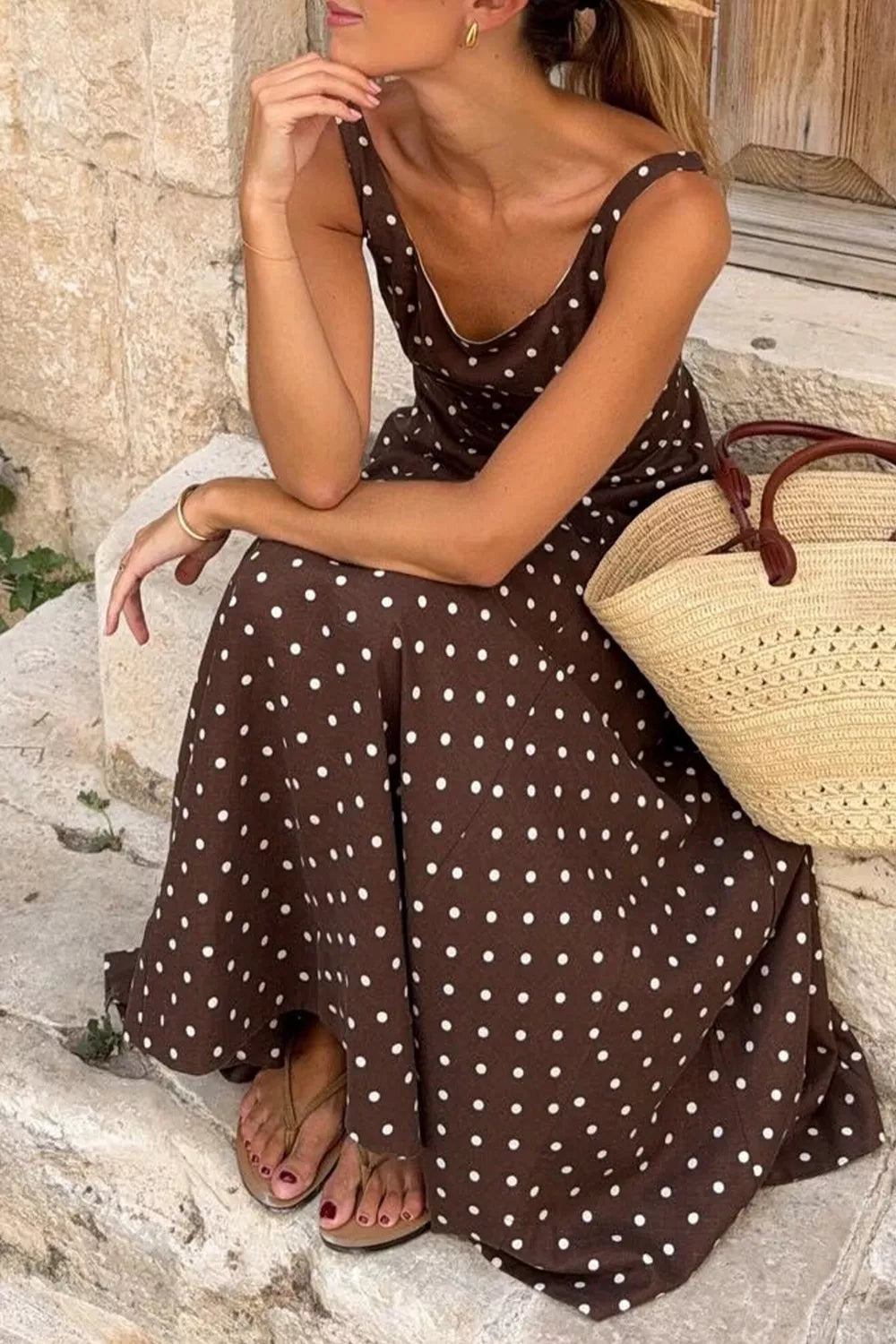 Polka Dot Square Neck Maxi Dress in Coffee Brown