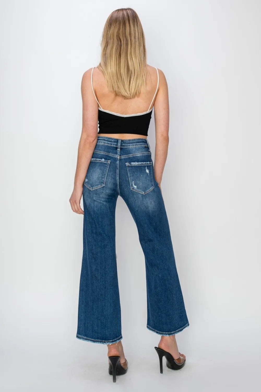 Risen High Rise Patch Detail Wide Leg Crop Jeans in Medium Wash