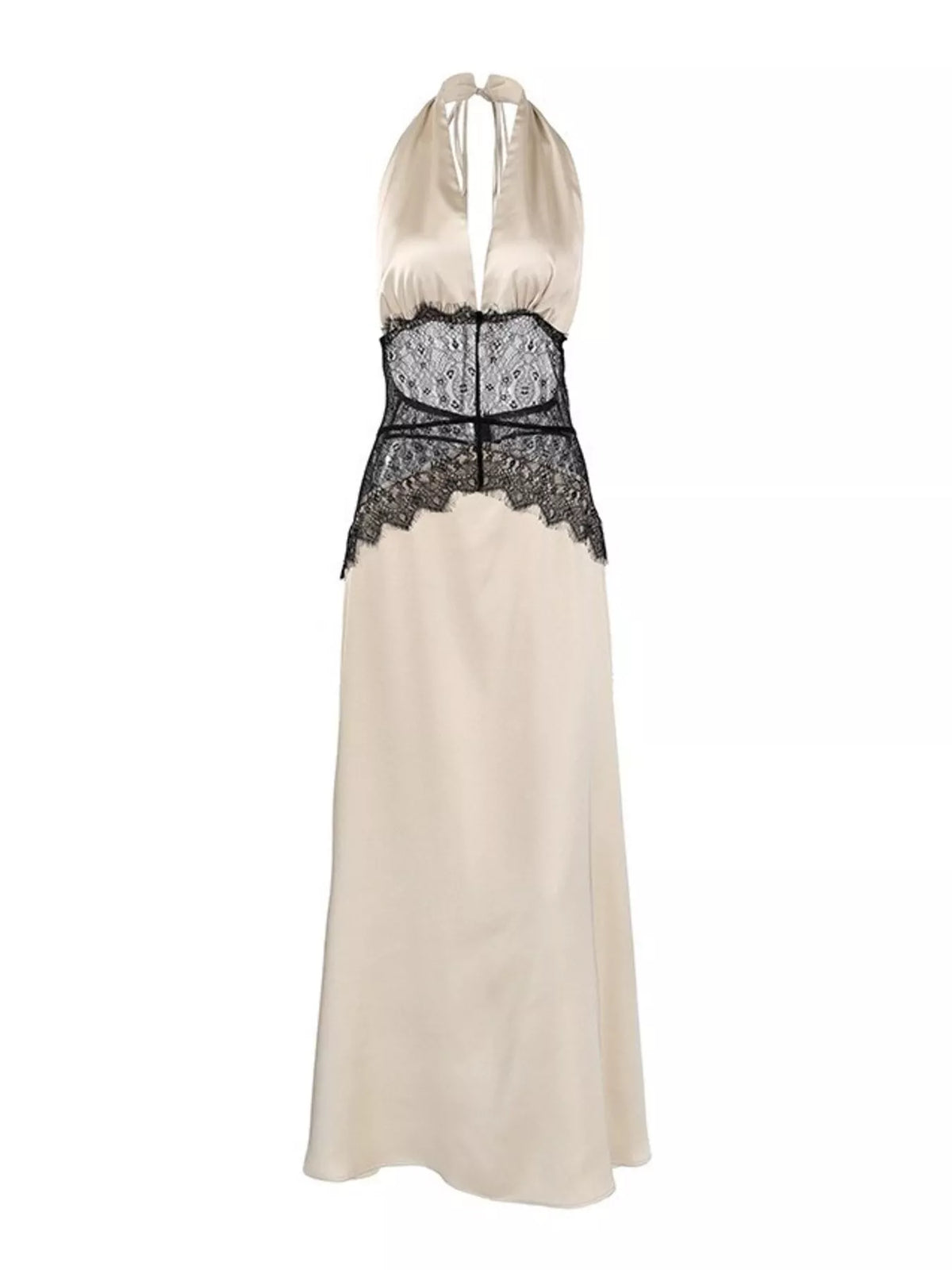 Halter Neck Lace Maxi Dress in Khaki in Khaki Color