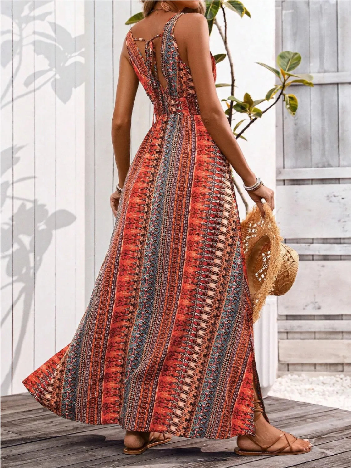 Tied-Back Printed Maxi Slit Dress