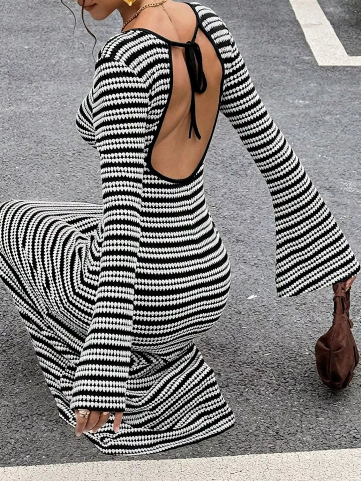 Backless Striped Ribbed Knit Maxi Dress