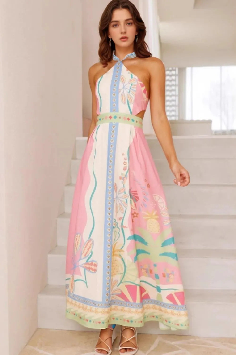 Printed Halter Maxi Dress in Blush Pink