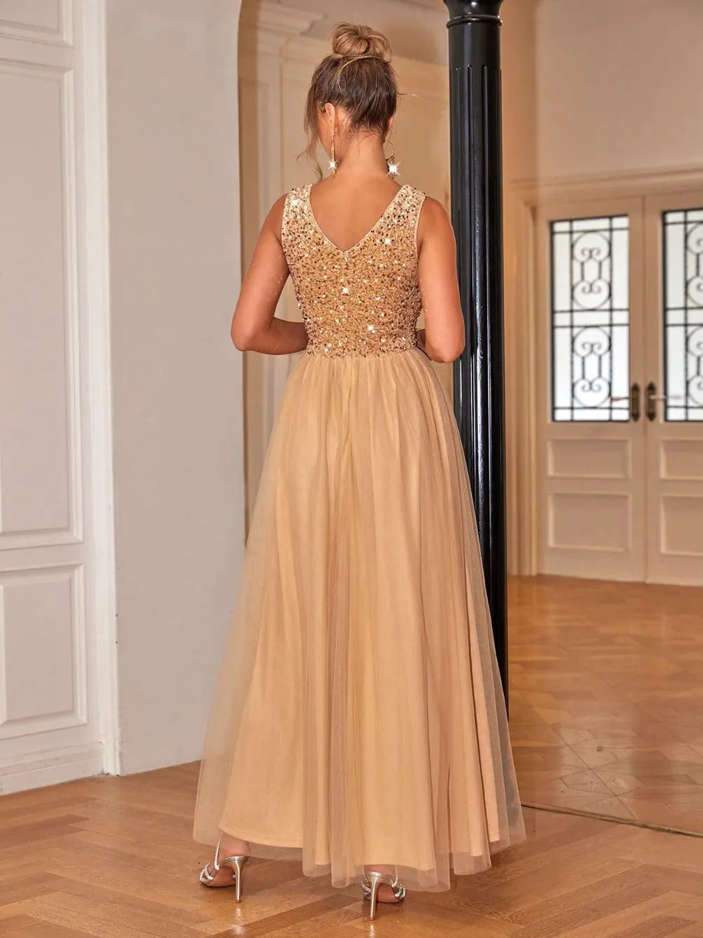 Sequin V-Neck Dress in Tan by Jubilair