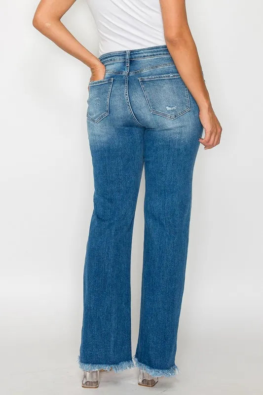 Raw Hem Distressed Mid Rise Straight Jeans in Medium Wash