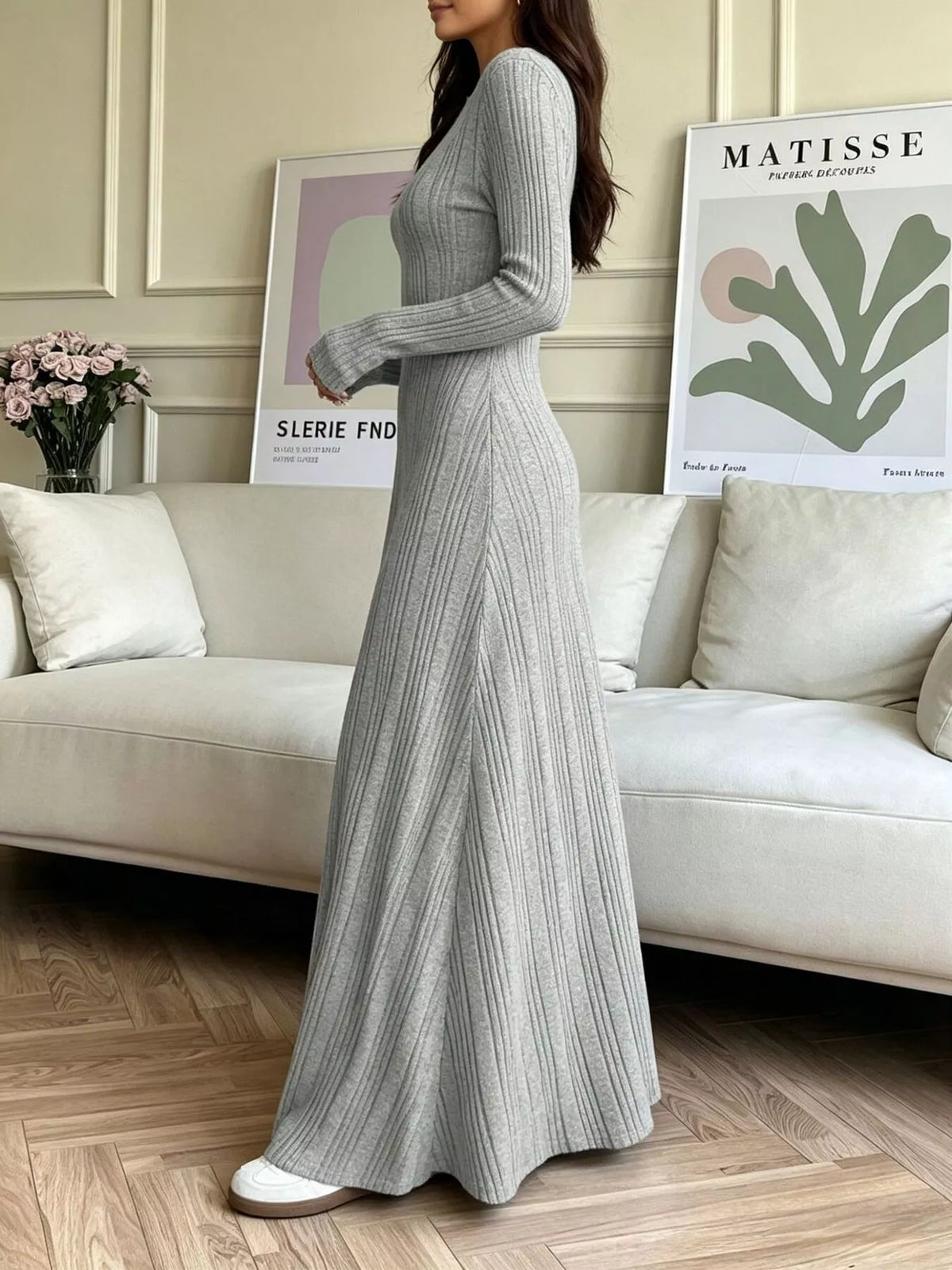 Ribbed Knit Long-Sleeve Dress