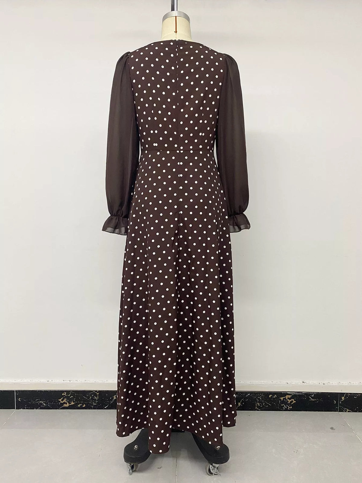 Polka Dot Square Neck Maxi Dress in Brown