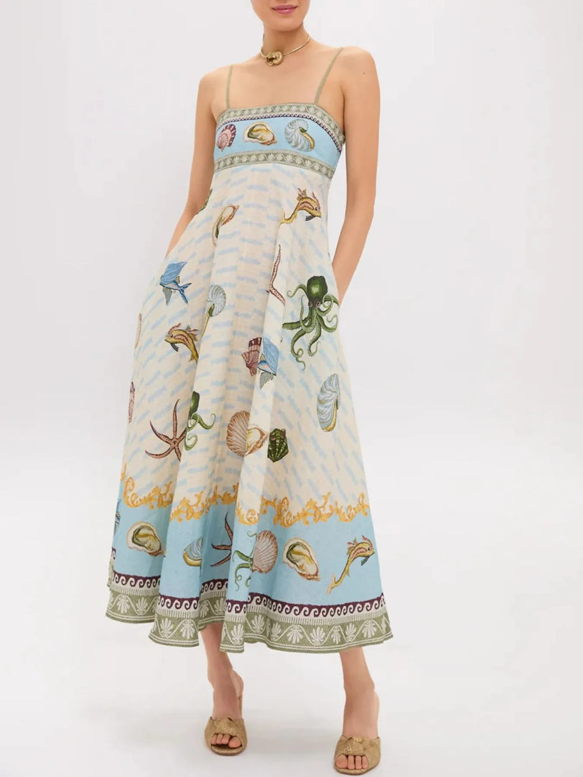Ocean Print Spaghetti Strap Midi Dress in Picture Color by Rosaline