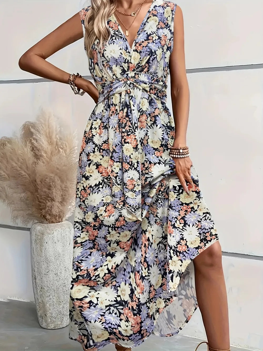 Ruched Floral Sleeveless Midi Dress