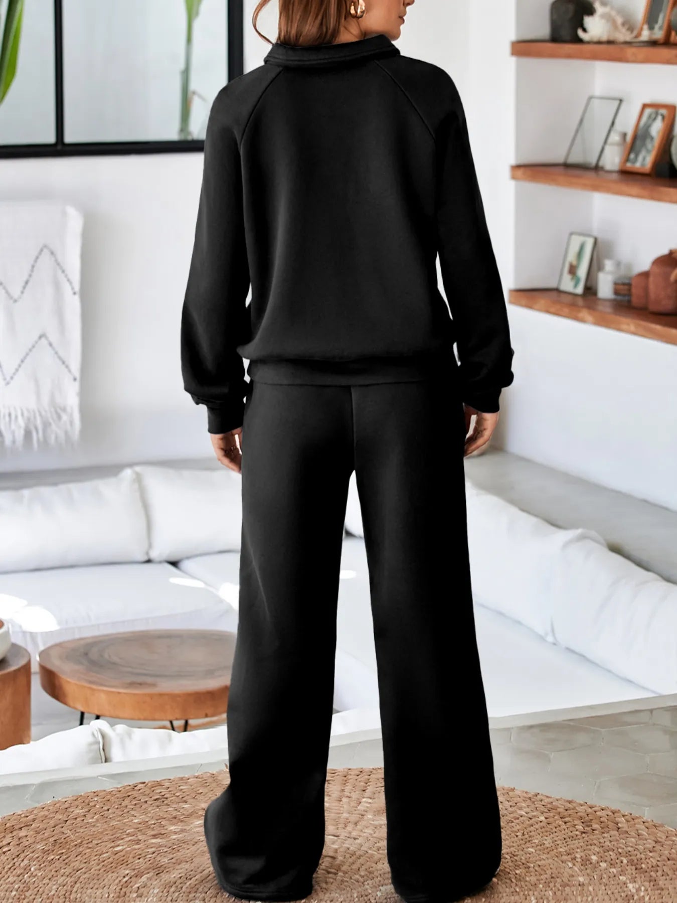 Collared Sweatshirt and High-Waist Pants Active Set