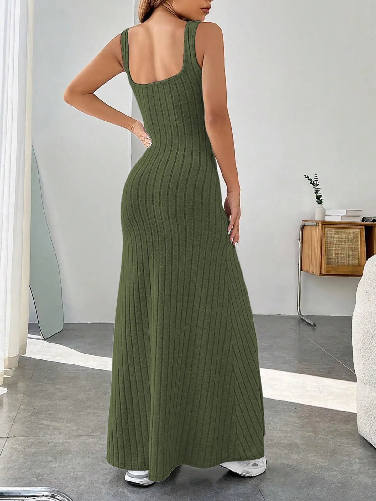 Ribbed Knit Square Neck Maxi Dress