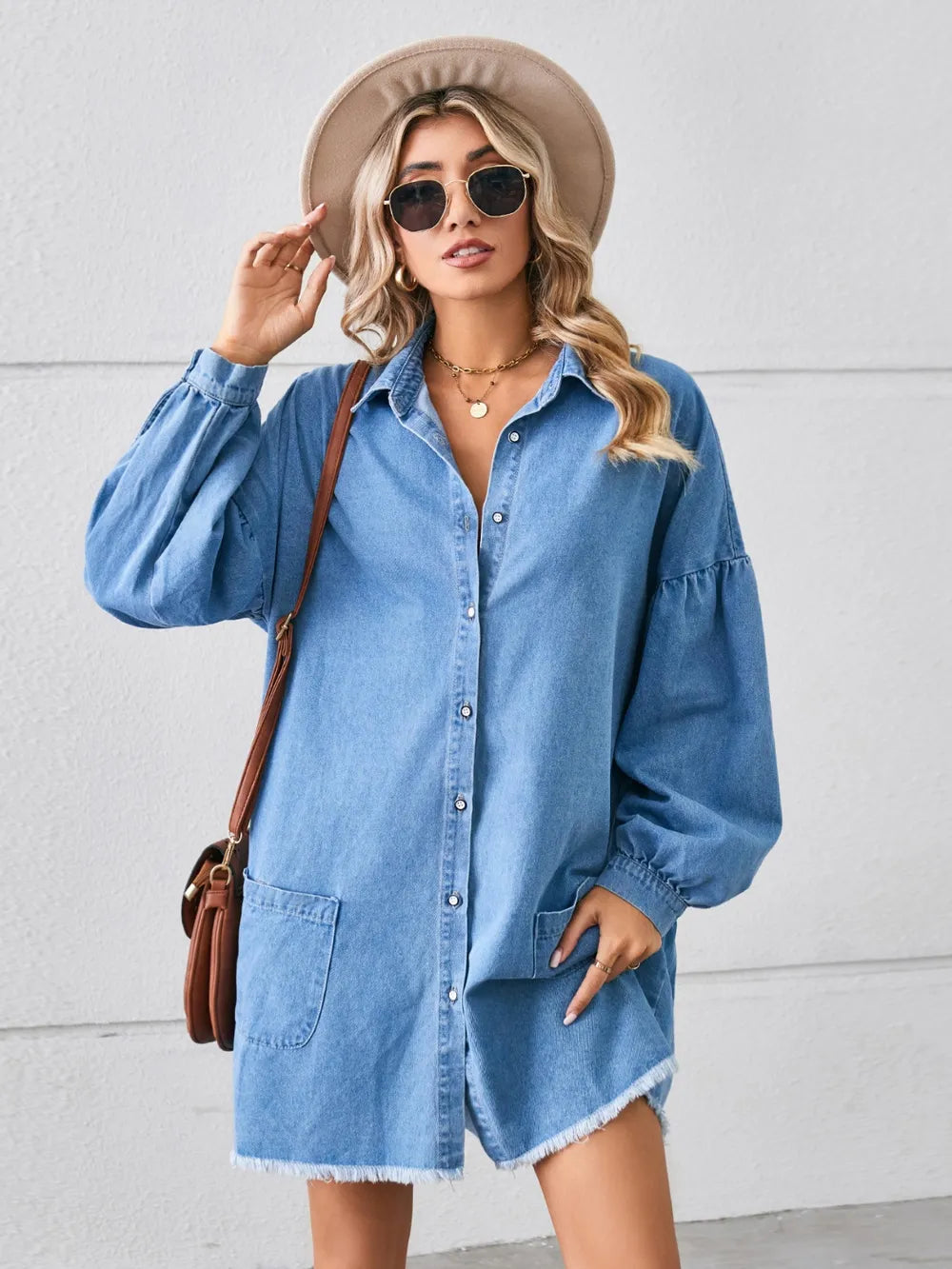 Button-Up Raw-Hem Denim Dress by Manny