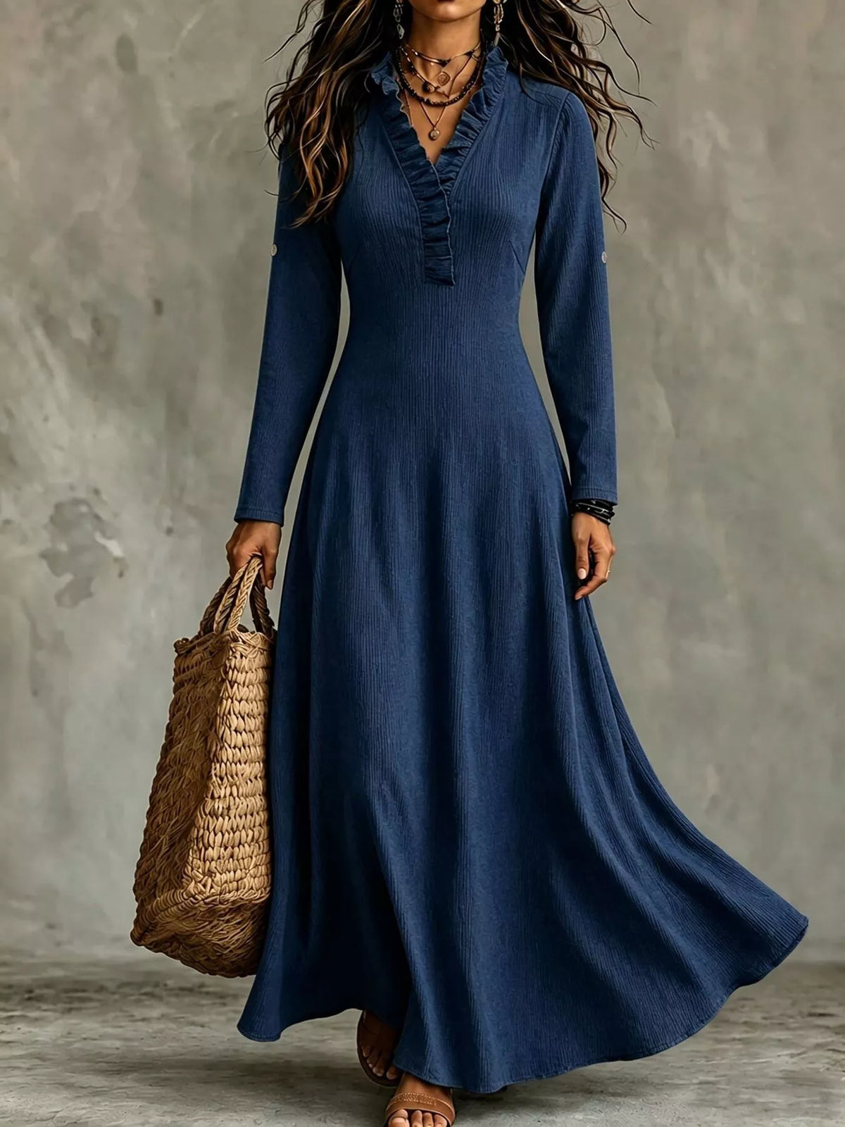 V-Neck Ruffled Maxi Dress with Roll-Up Sleeves
