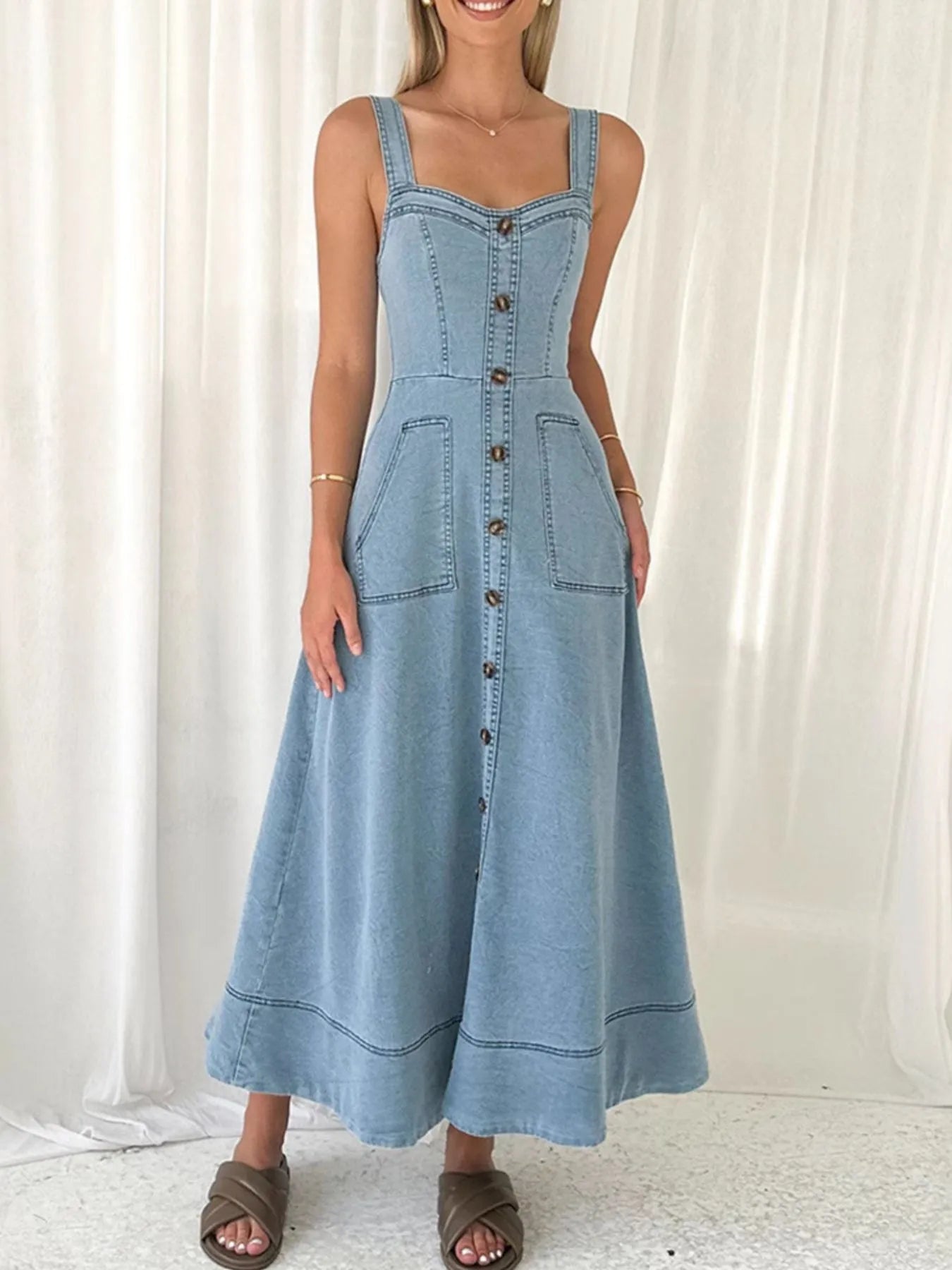 Wide Strap Sweetheart Neck Denim Dress in Light Blue