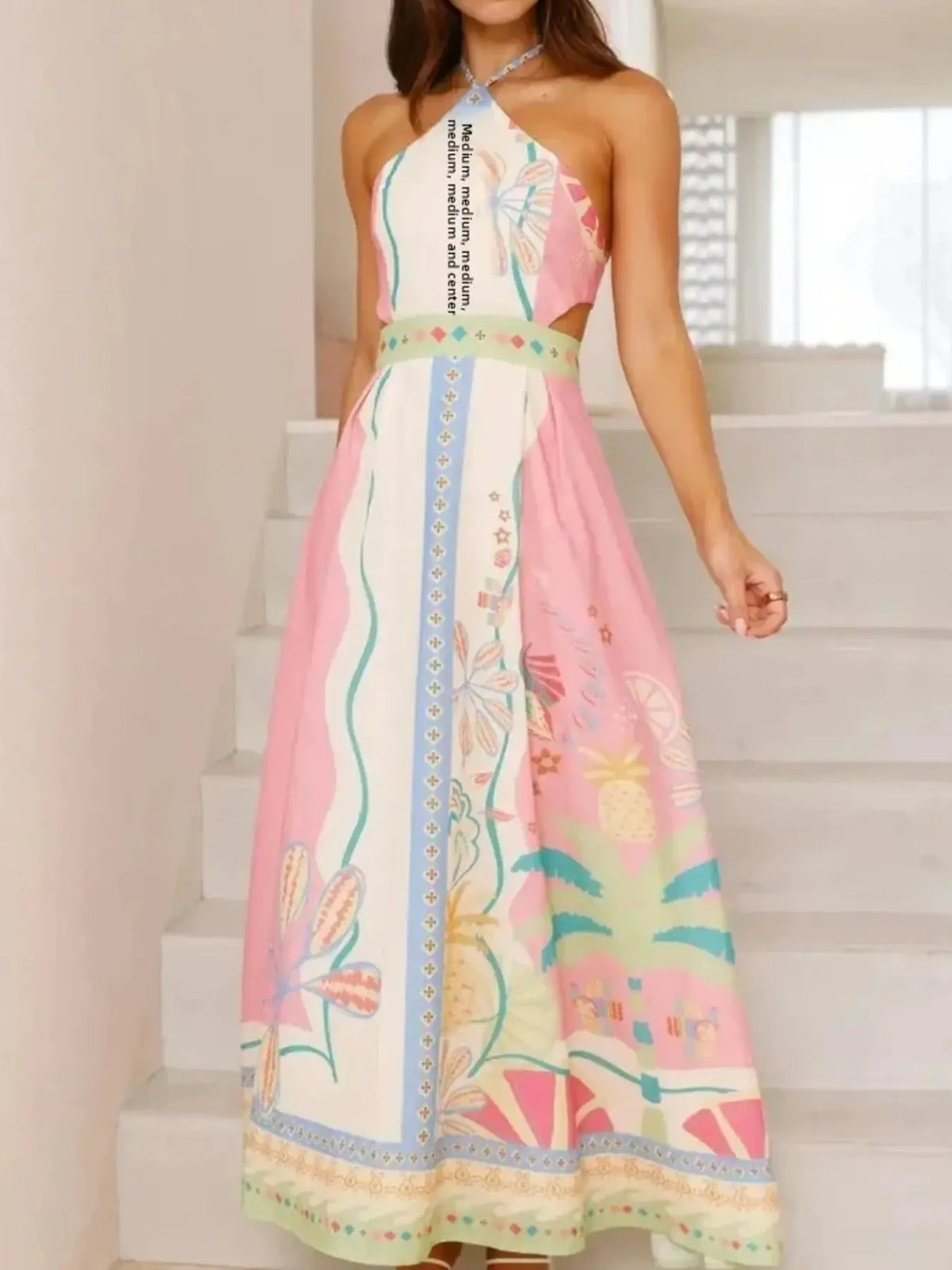Halter Neck Printed Backless Maxi Dress in Blush Pink
