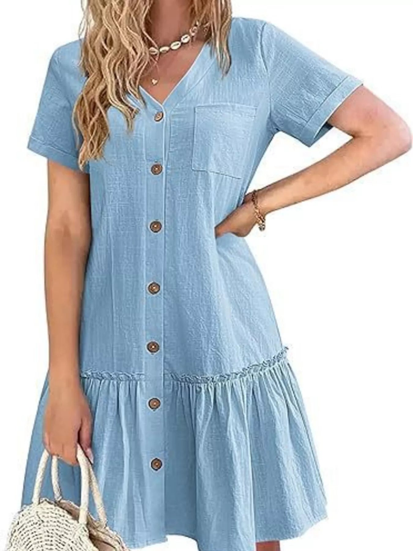 Button-Down Ruffle Hem Mini Dress