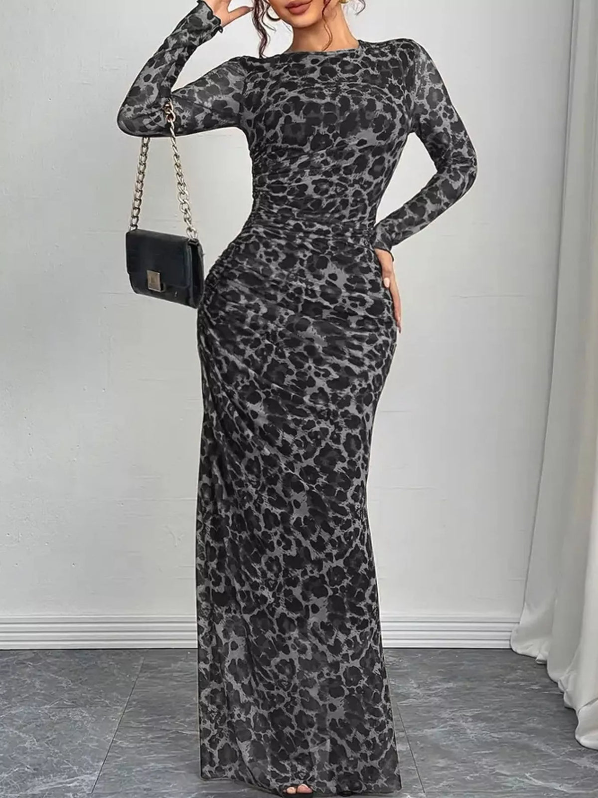 Leopard Print Ruched Bodycon Maxi Dress