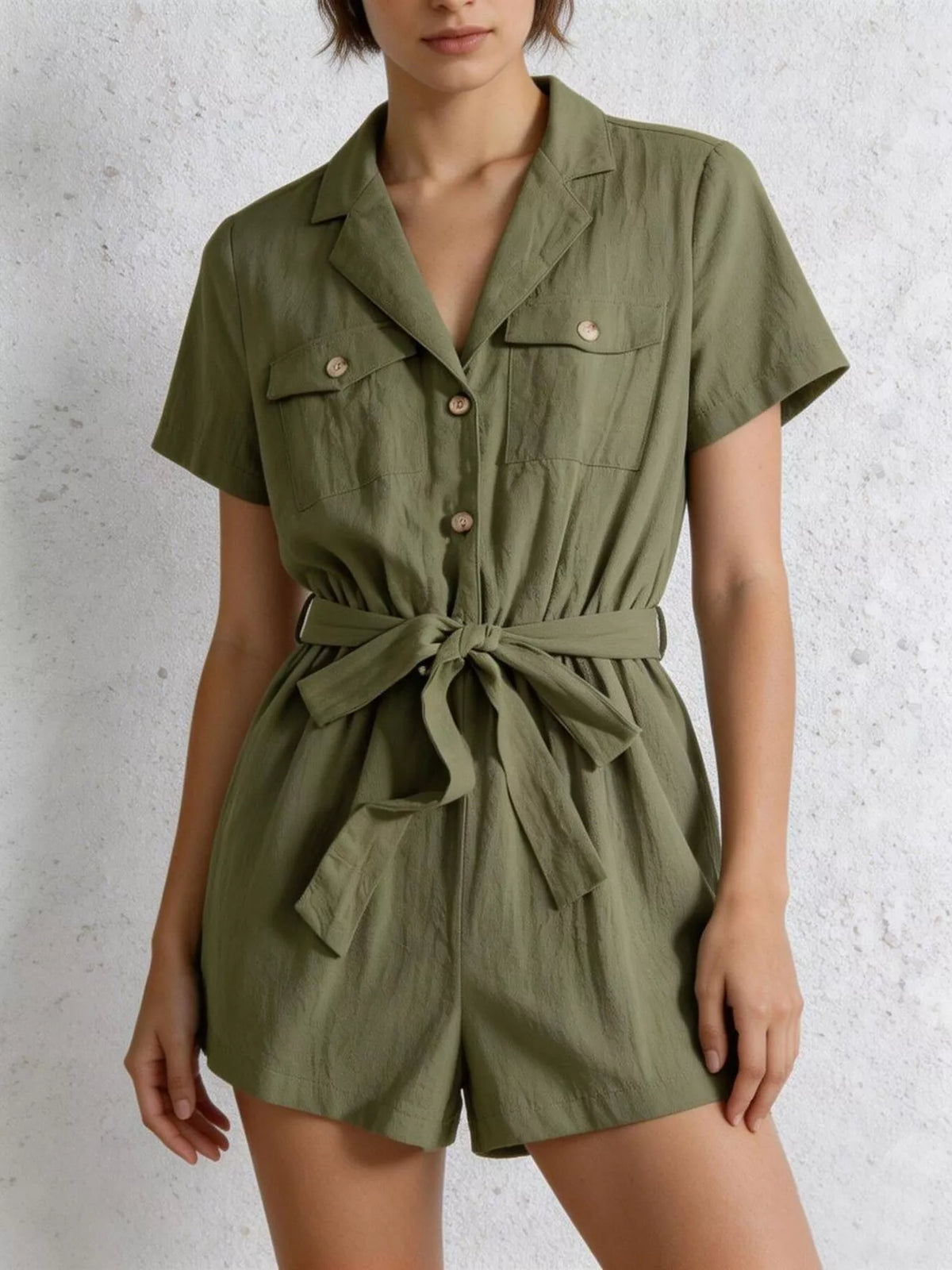 Tie-Waist Short Sleeve Romper in Moss