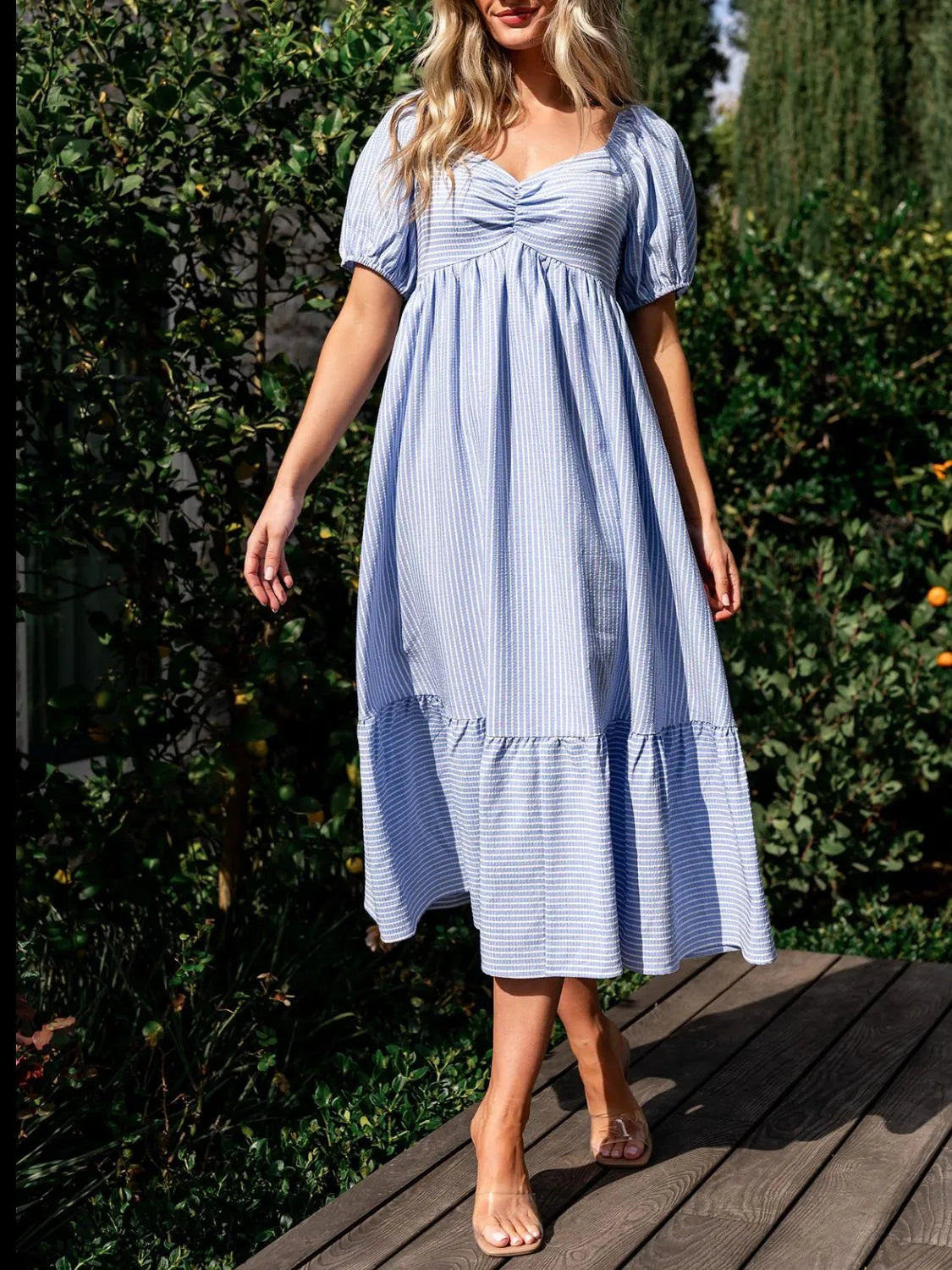 Striped Puff-Sleeve Sweetheart Midi Dress