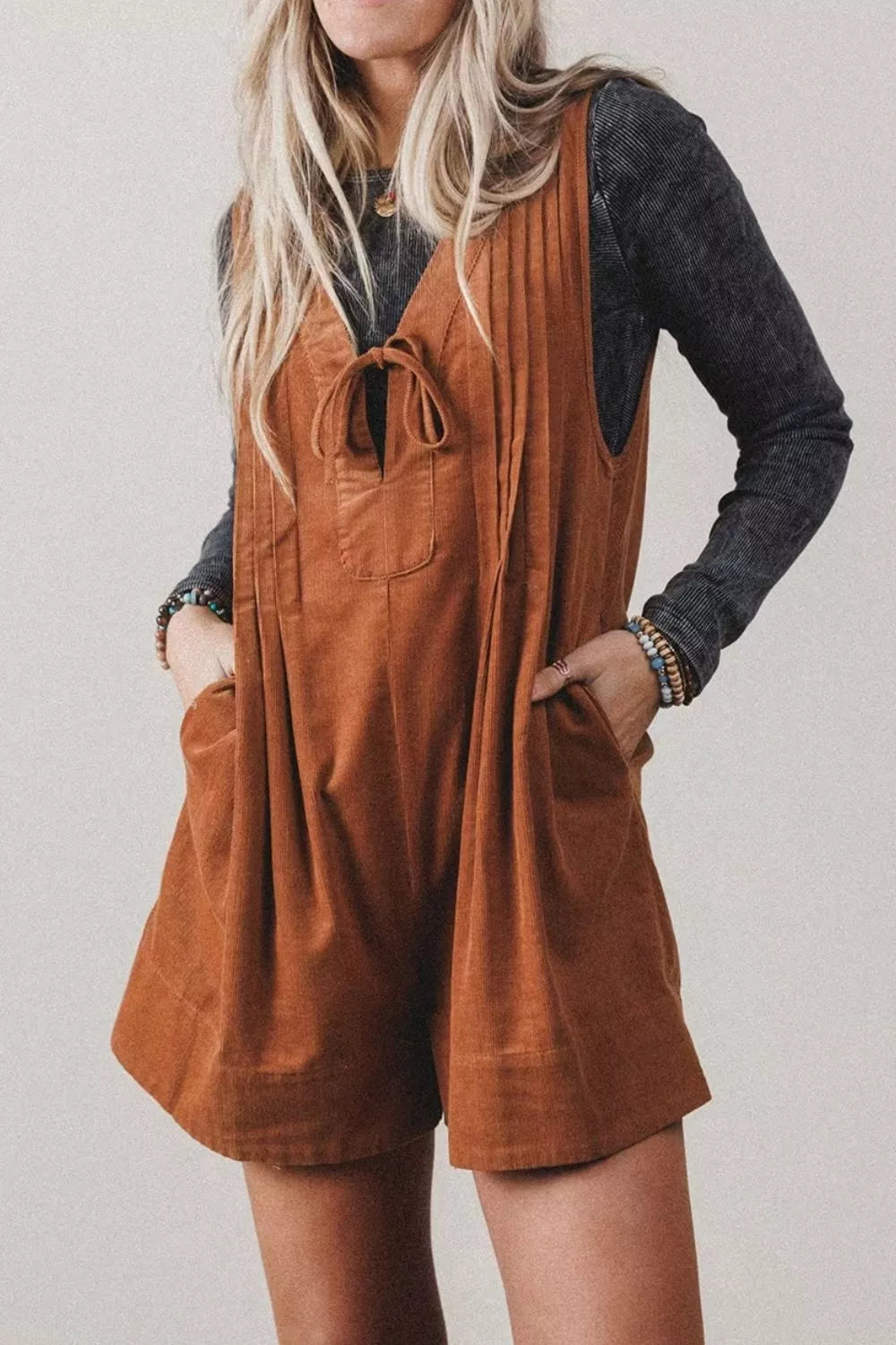 Tie V-Neck Corduroy Romper in Caramel