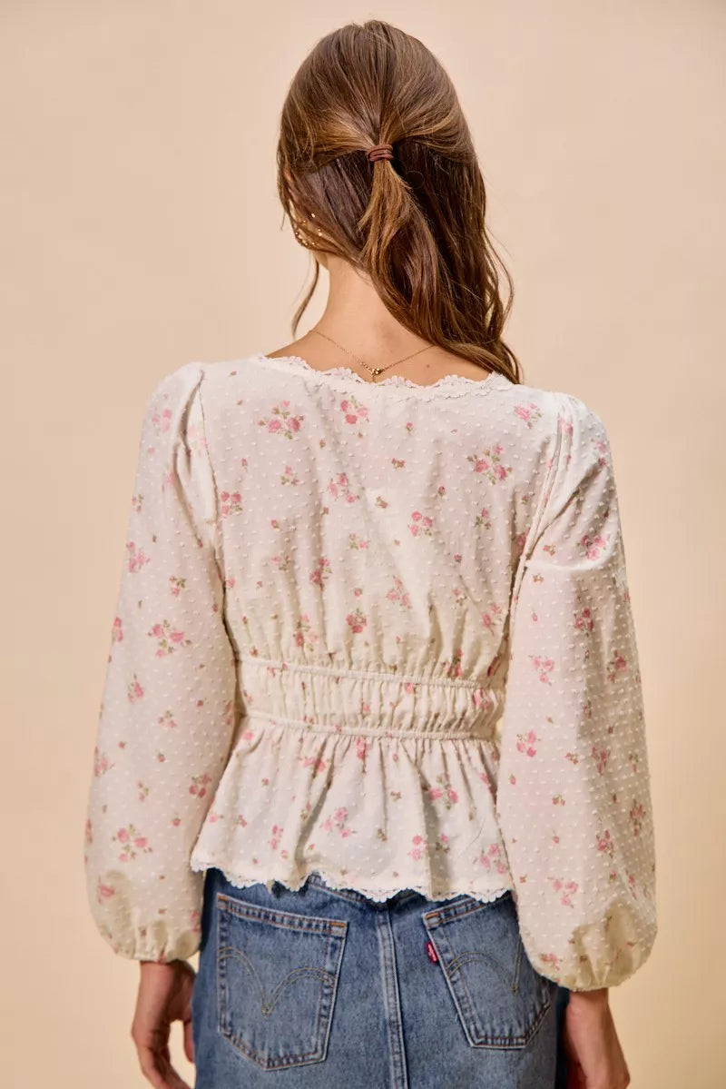 So Me Floral Clip Dot Lace Trim Blouse in White