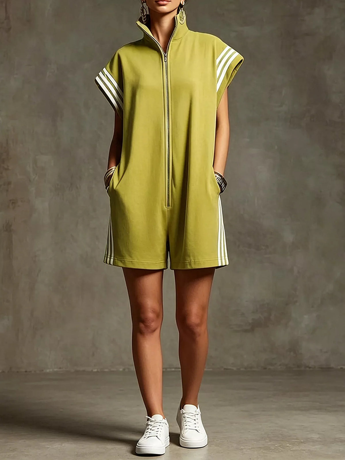 Striped Zip-Front Romper with Pockets