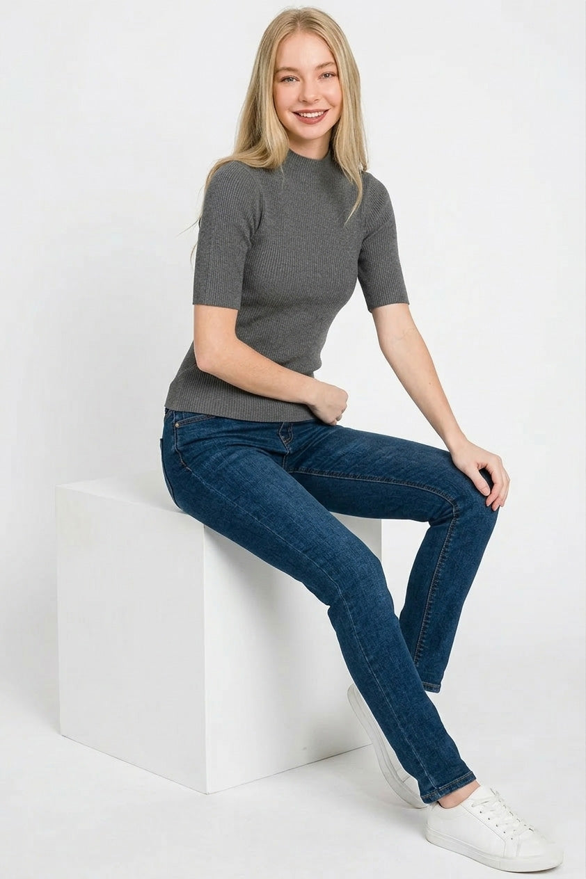Zenana Ribbed Mock Neck Sweater in Charcoal