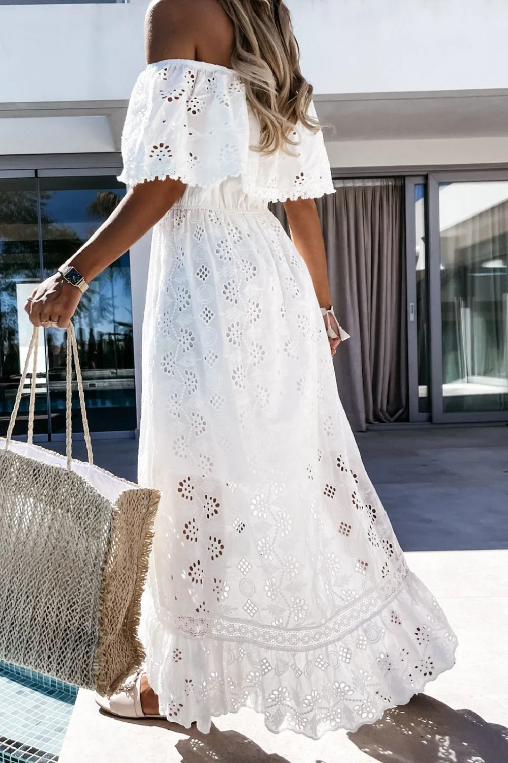 Off-Shoulder Eyelet Lace Maxi Dress in White