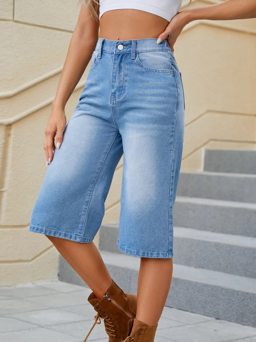 High Waist Denim Shorts in Medium Wash by Manny