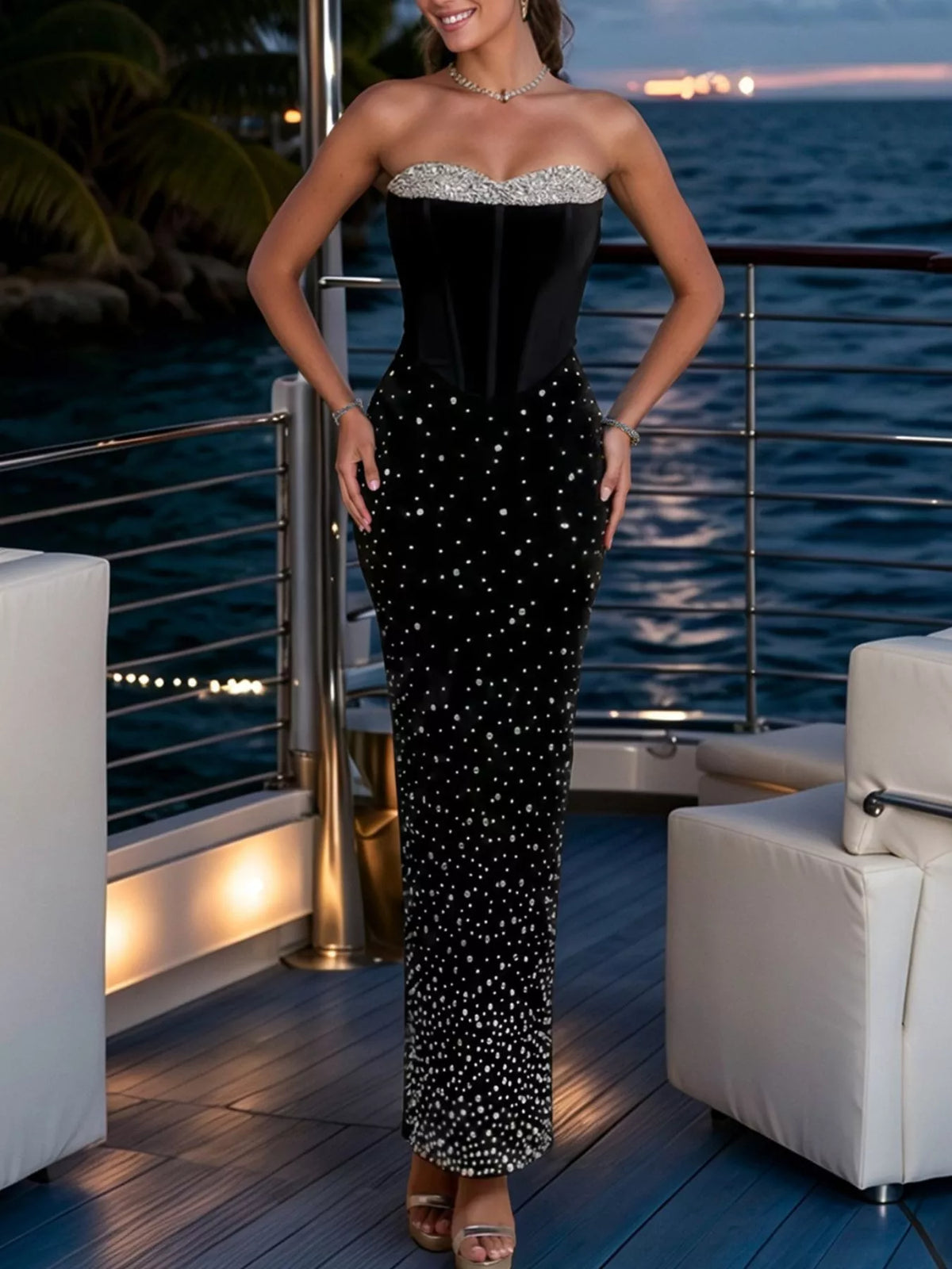 Rhinestone Slit Tube Maxi Dress in Black