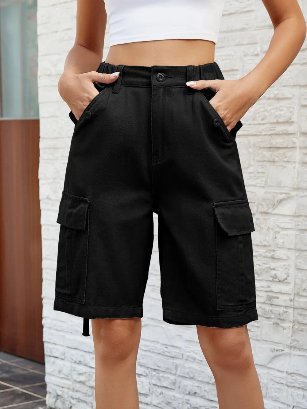 High-Waisted Pocket Denim Shorts by Manny