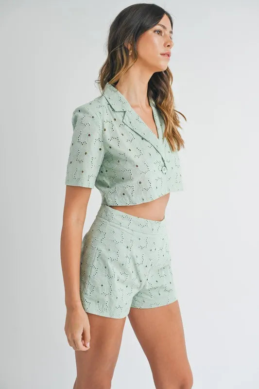 Eyelet Crop Top and Shorts Set in Mint