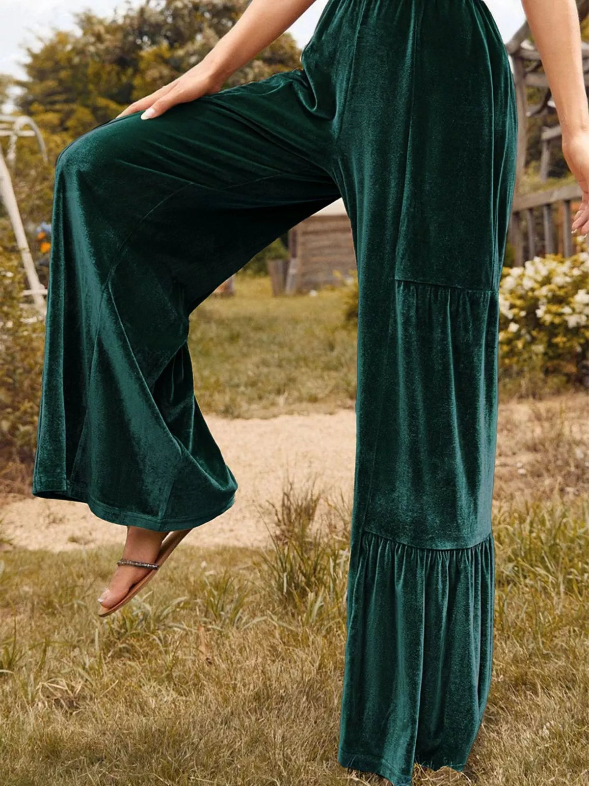 Ruched Velvet Wide-Leg Pants