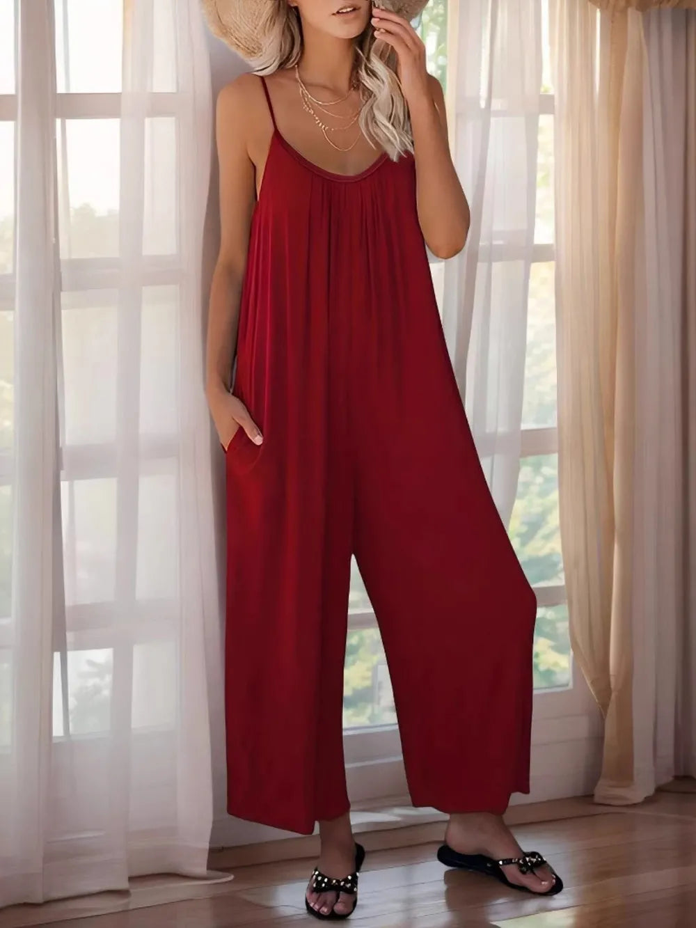 Scoop Neck Spaghetti Strap Jumpsuit in Burgundy