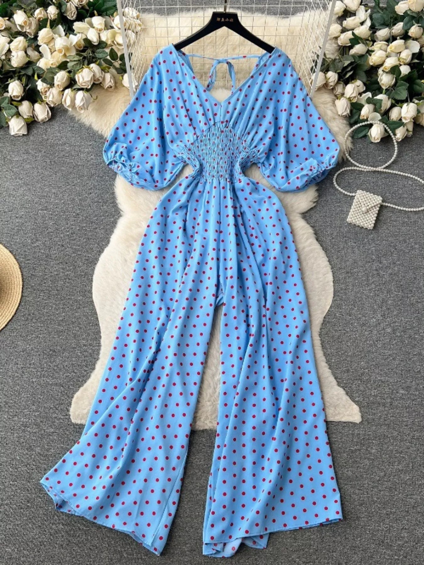 Smocked V-Neck Wide Leg Jumpsuit