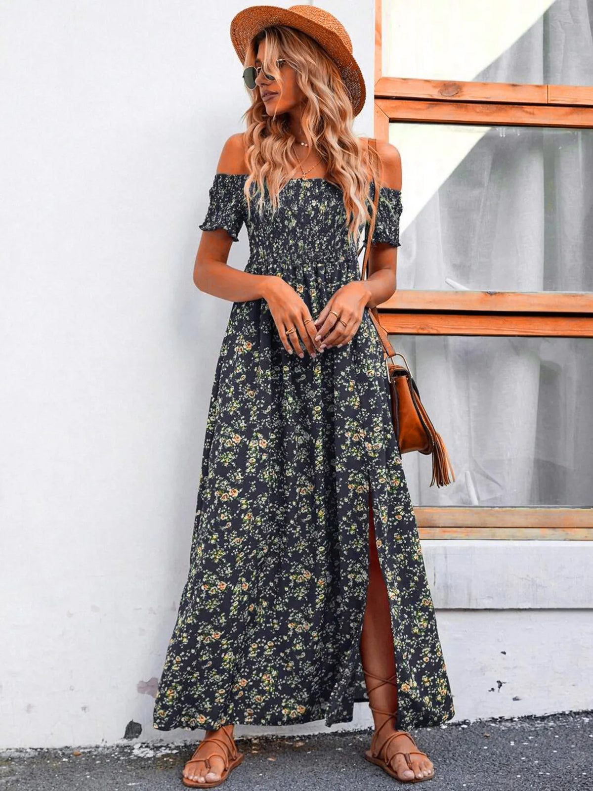 Off-Shoulder Smocked Floral Midi Dress