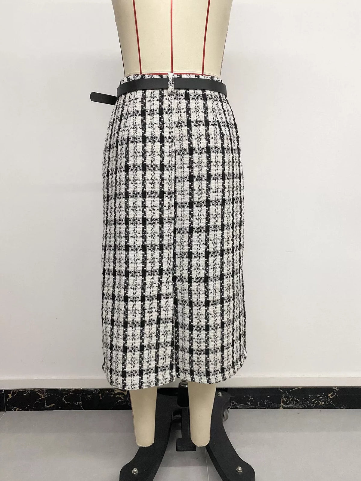 Black High-Waisted Tweed Plaid Midi Skirt