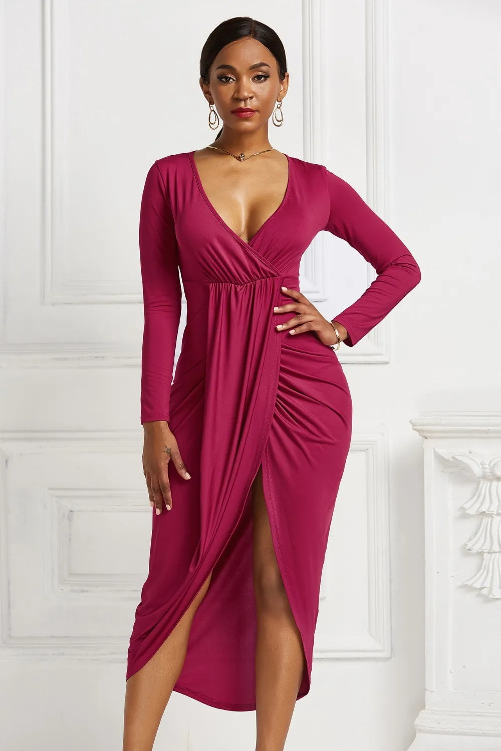 Ruched Surplice Long Sleeve High-Low Dress