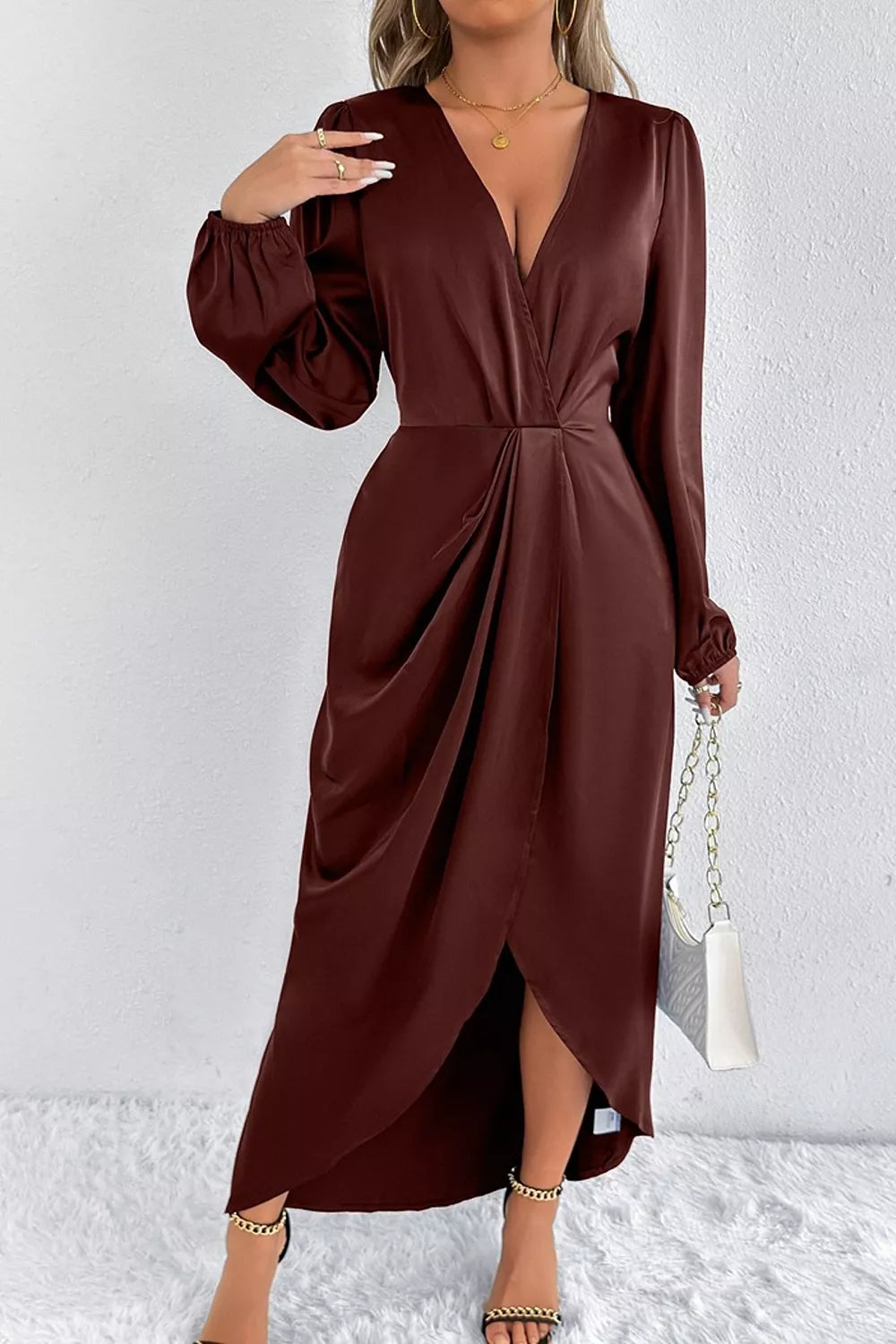 Satin Balloon Sleeve Midi Dress with Side Split