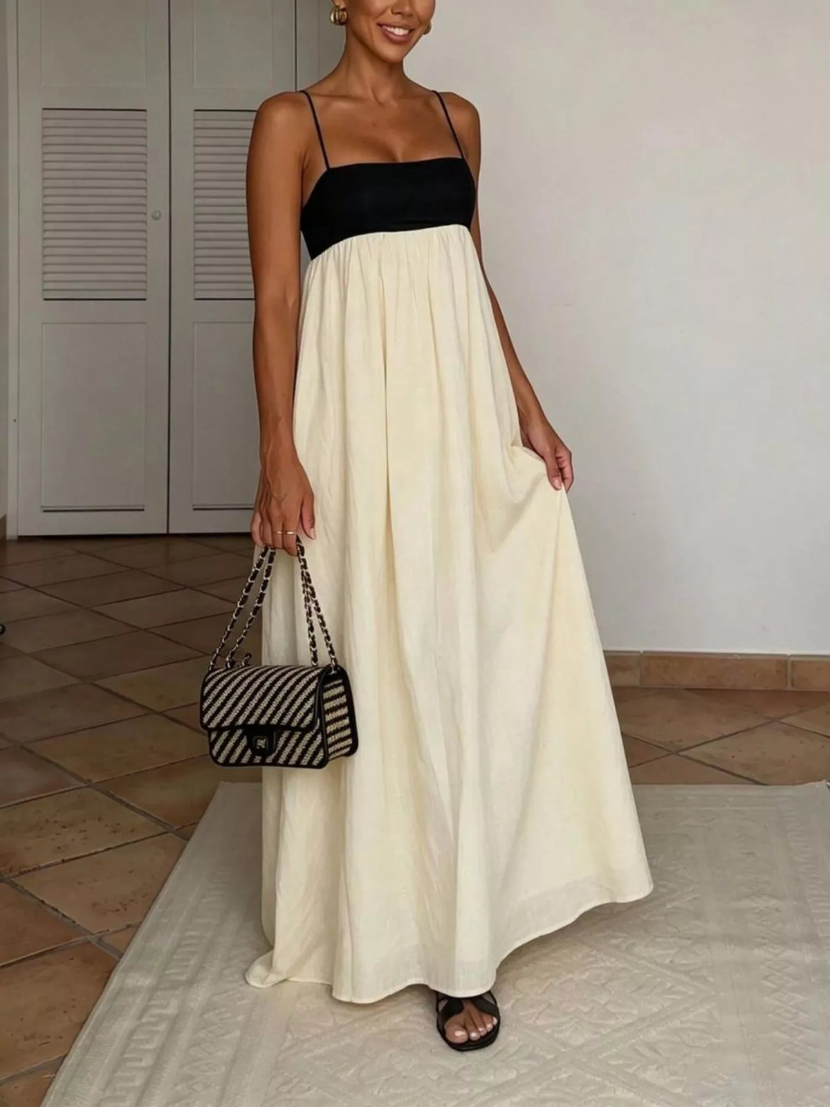 Sleeveless Two-Tone Maxi Dress in Beige
