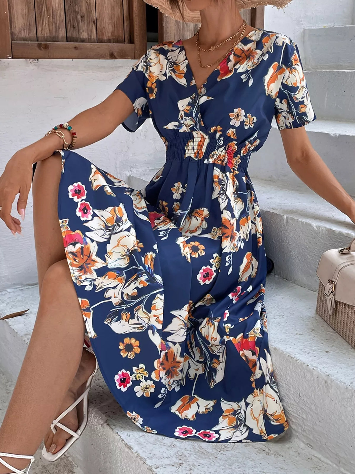 Smocked Printed Short-Sleeve Midi Dress