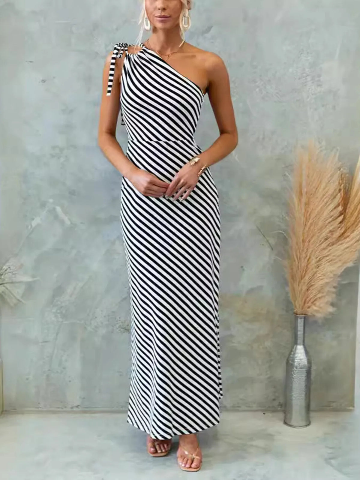 One Shoulder Striped Maxi Dress in Black