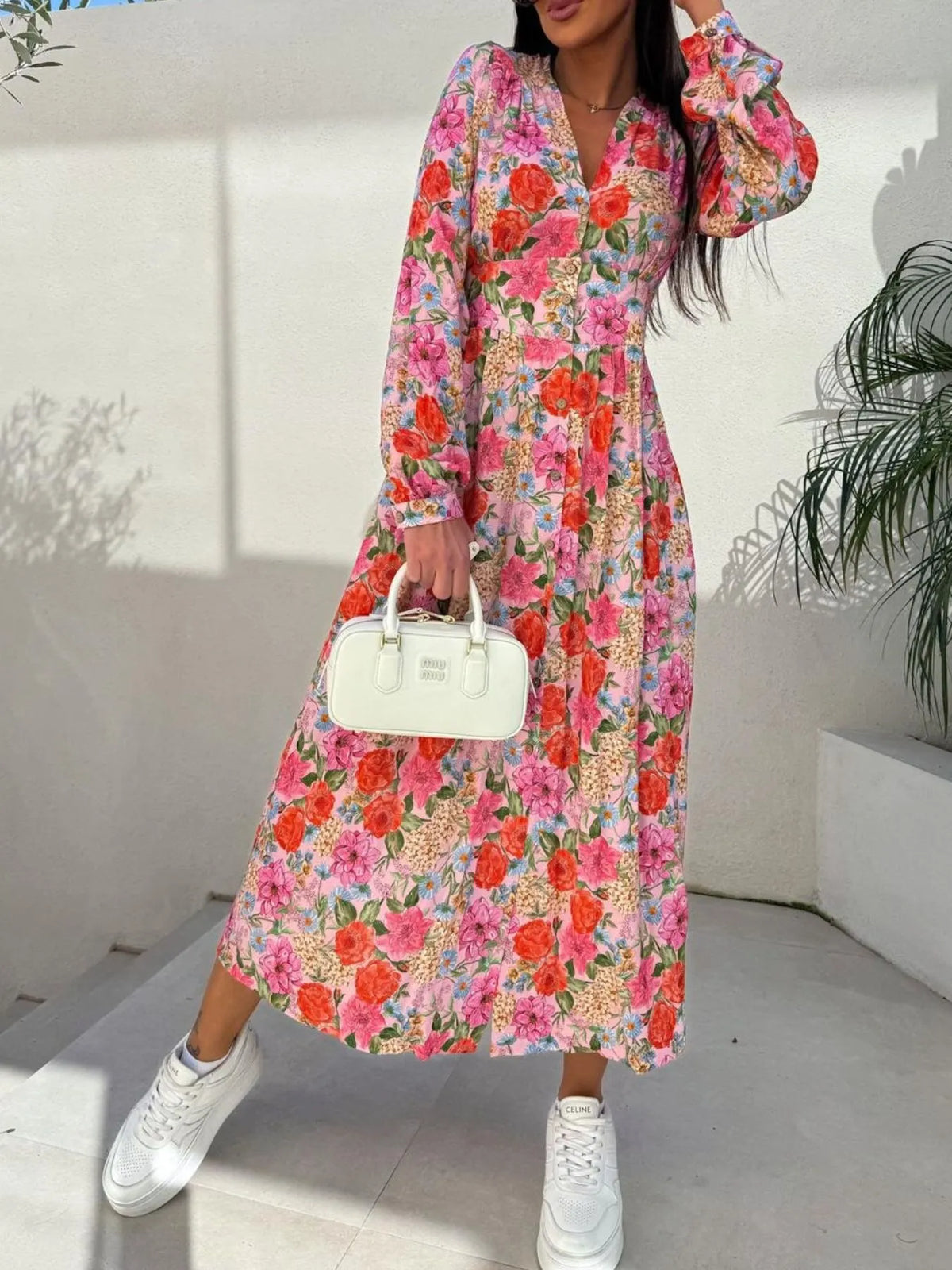 Floral V-Neck Button-Front Dress