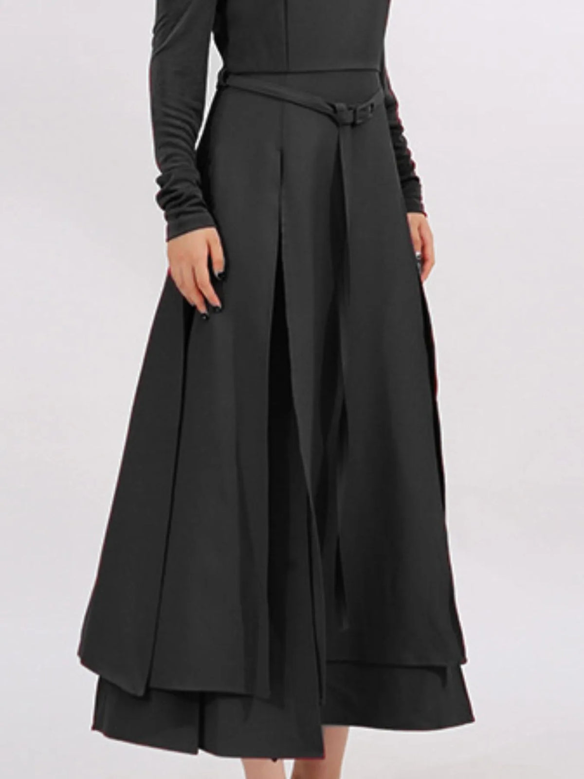 Belted Ruched Slit Long Sleeve Dress